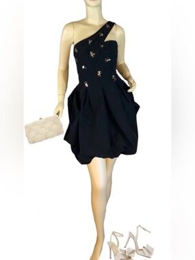 BCBGMAXAZRIA VVV6K529 BLACK BEADED SINGLE SHOULDER BUBBLE HEM COCKTAIL DRESS (8)